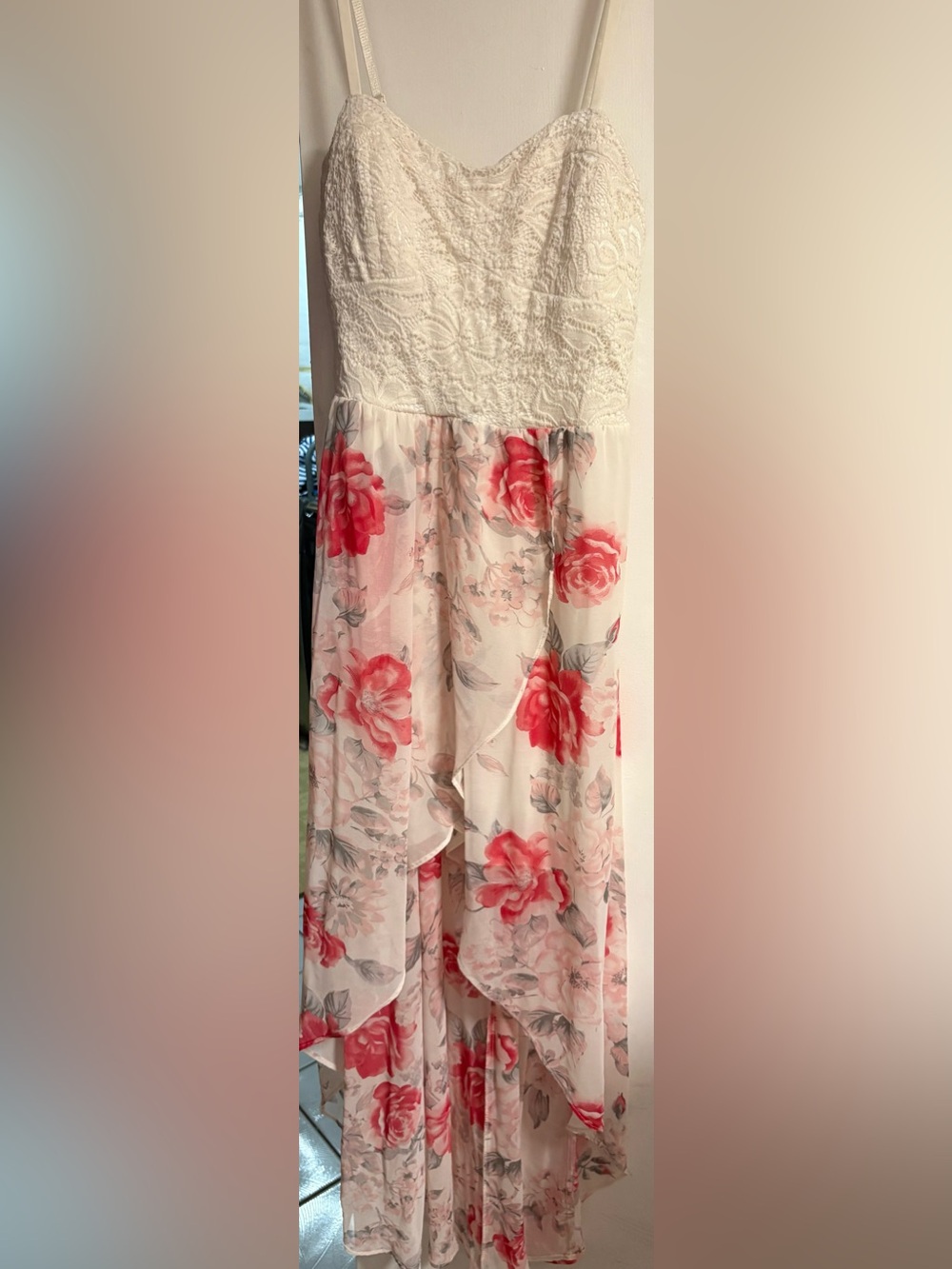 Lily Rose Floral Lace High Low Dress Cream Pink Rose Print Romantic Boho